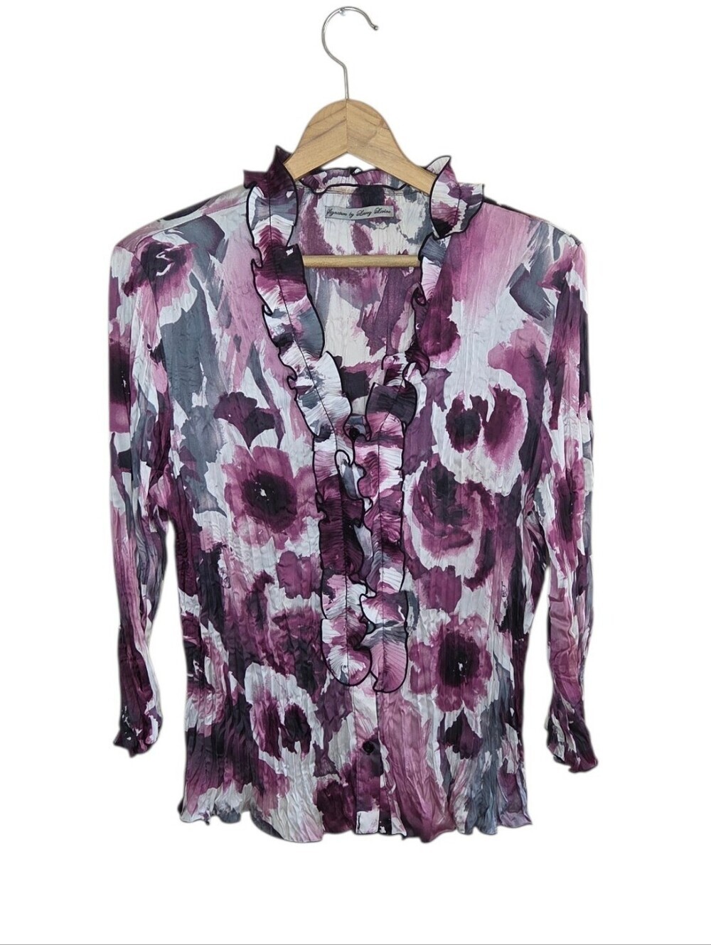 Y2K Signature by Larry Levine Accordion Pleated Floral Ruffle Blouse Size Large